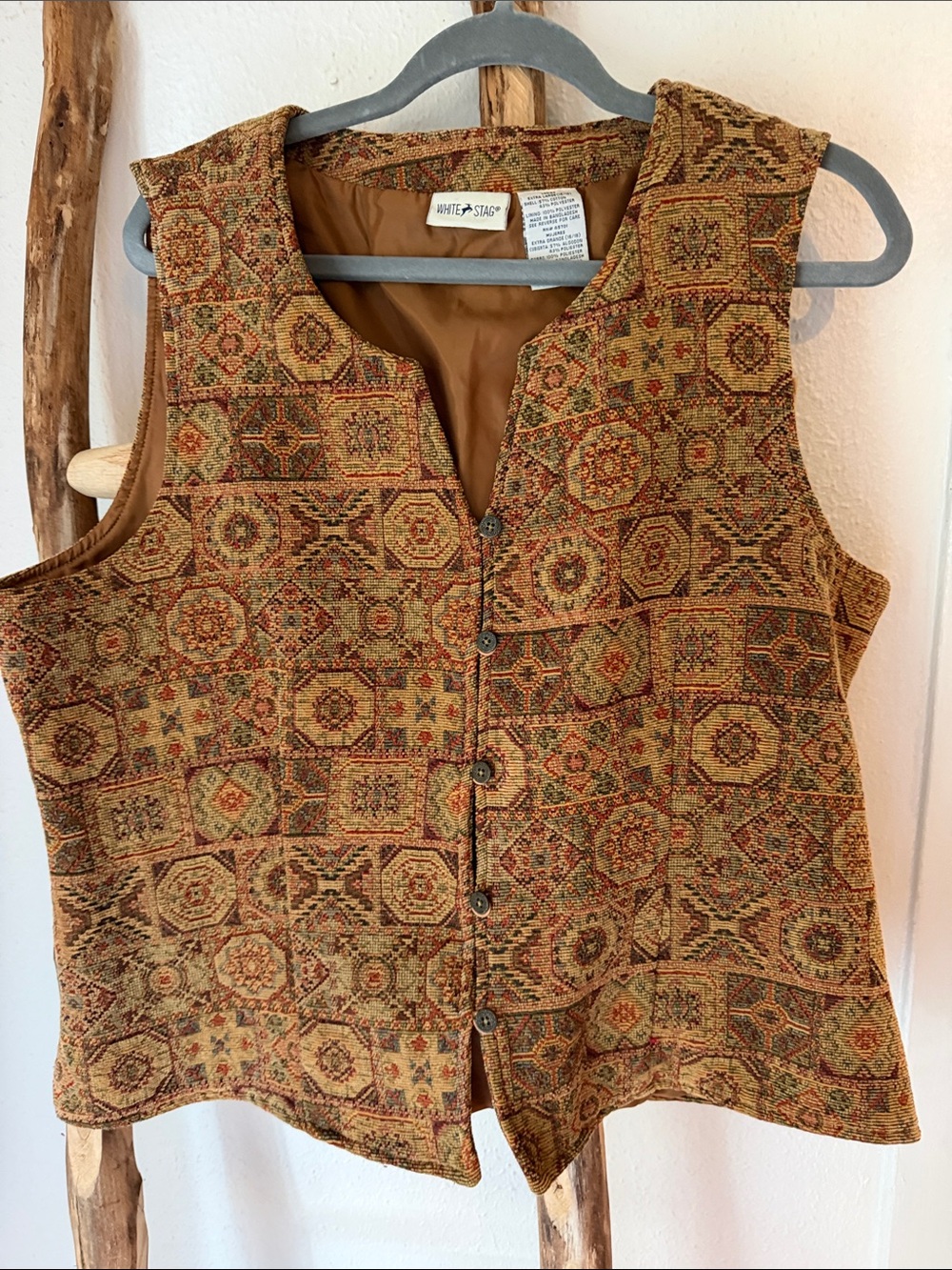 White Stag Brown Multi Woven Cotton Blend Fall Tapestry Button-Front Vest XL